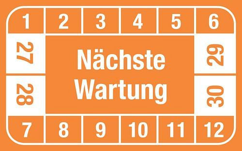 DENIOS Prüfplakette "Nächste Wartung", 27 - 30, orange, Folie, SK, 40 x 25 mm, VE: 5 Bogen à 12 Stück, 290204