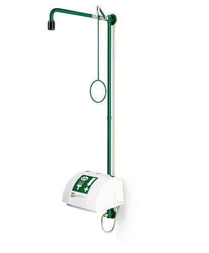 B-SAFETY Körperdusche mit Augendusche mit Auffangbecken und Abdeckung, grün, Wandmontage, BR 868085, DVGW, 305285