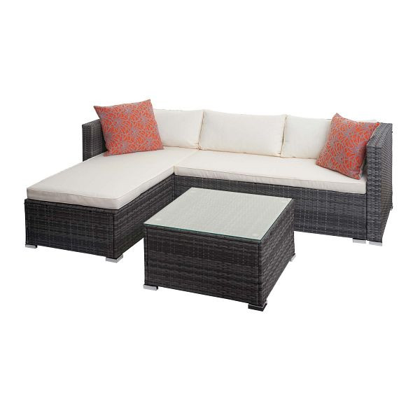 Mendler Poly-Rattan Garnitur HWC-F57, Balkon-/Garten-/Lounge-Set Sofa Sitzgruppe, grau, Kissen creme mit Deko-Kissen, 76135+76136+2x51880