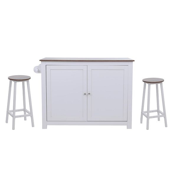 Mendler Kücheninsel HWC-P61 mit 2 Sitzhockern, Küchenschrank Schublade Staufächer MDF 90x120x45cm, weiß, dunkles Holz, 130684+130685