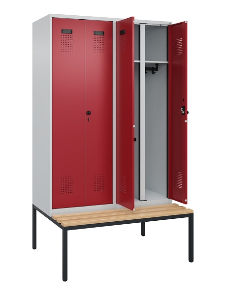 C+P Schwarz-Weiß-Spind Evolo PLUS, Bank, 4 Abteile, 2120x1200x815mm, 7035/3003, Drehriegel, Sitzfläche Buche-Hartholz, Sitzbank, 0490527-40 S10004