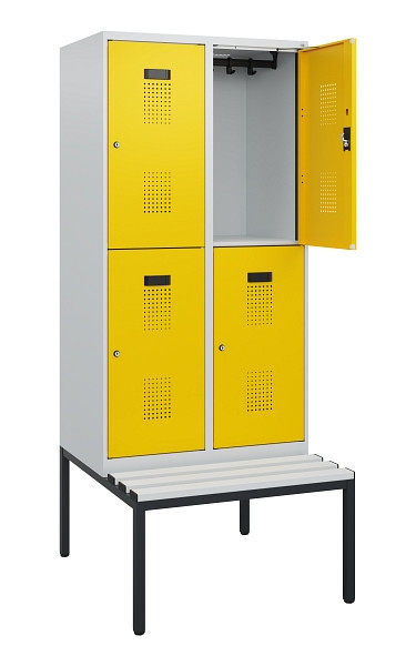 C+P Doppelstöckiger Spind Evolo PLUS, Bank, 4 Fächer, 1950x800x815mm, 7035/1023, Zylinderschloss, Sitzfläche Kunststoff, Sitzbank, 0493505-22 S10136