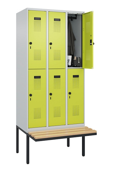 C+P Doppelstock-Spind Evolo PLUS, Bank, 6 Fächer, 2120x900x815mm, 7035/0024, Drehriegel, Sitzfläche Buche-Hartholz, 0493407-30 S10015