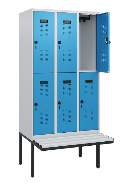 C+P Doppelstock-Spind Evolo PLUS, Bank, 6 Fächer, 1950x900x815mm, 7035/5012, Drehriegel, Sitzfläche Kunststoff, 0493405-30 S10095