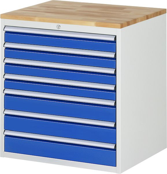 RAU Schubladenschrank Serie 7000, B770 x T650 x H825mm, 7 x Schublade-Größe-XL 4xH90, 3xH120 mm, Buche-Massiv-Arbeitsplatte, Stärke 25 mm, 03-XL5.17A-B.11