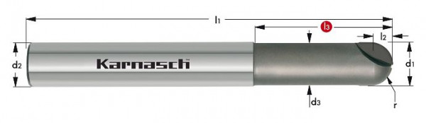 Karnasch CVD-3D-Radiusfräser mit Kugelstirn d= 12,0 r= 6,0 l3=35 Z=2 d2=12 Composites/Titan/Graphit, 29652212003512