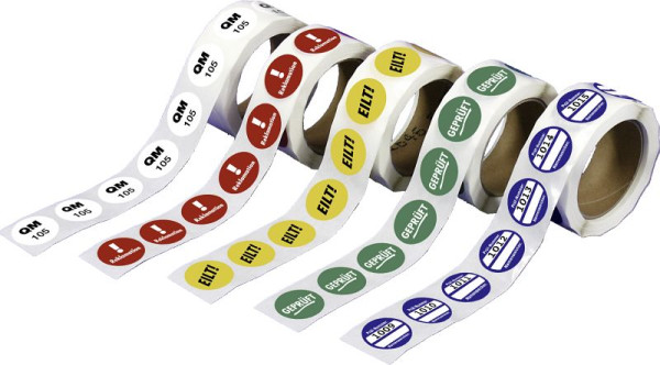 Moedel Markierungspunkte, Text nach Wunsch, PP-Folie, 2-farbig, Ø 35 mm, VE: 500 Stück/Rolle, 55679