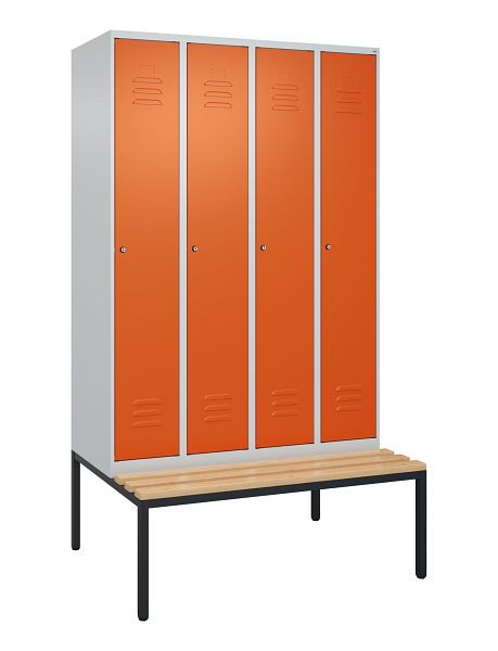 C+P Umkleidespind Classic PLUS, mit untergebauter Sitzbank, 4 Abteile, 2120x1200x815mm, 7035/2004, Zylinderschlösser, Buche-Sitzleisten, 0800507-40 S10120