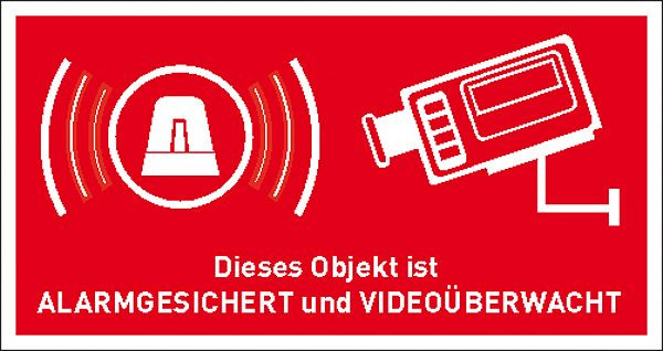SafetyMarking Video Infozeichen, Objekt alarmgesichert und videoüberwacht, zur Innenverklebung hinter Glas, BxH 8,5x4,5 cm, Folie, selbstklebend, 21.G5023