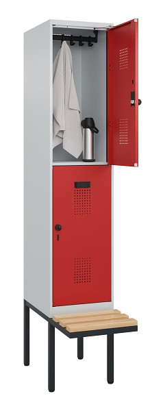 C+P Doppelstock-Spind Evolo PLUS, Bank, 2 Fächer, 2120x400x815mm, 7035/3000, Drehriegel, Sitzfläche Buche-Hartholz, 0493407-12 S10003