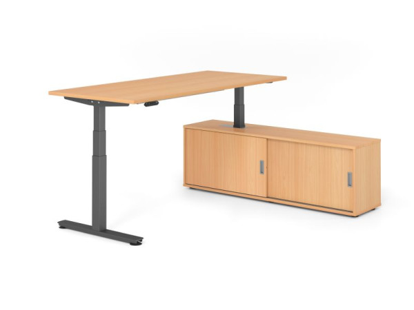 Hammerbacher Schreibtisch XDSM19, 180x80cm, Platte: Buche, T-Fuß Gestell Graphit, Höhe: 63 - 127 cm, Buche / Buche, VXDSM19SB/6/G/6/6