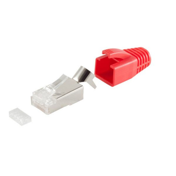 S-Conn Netzwerk Modular Stecker RJ45 SET für Verlegekabel bis AWG 23, Stecker mit Zugentlastung, Einführhilfe und Tülle, rot VE: 10 Stück, 72067-10R