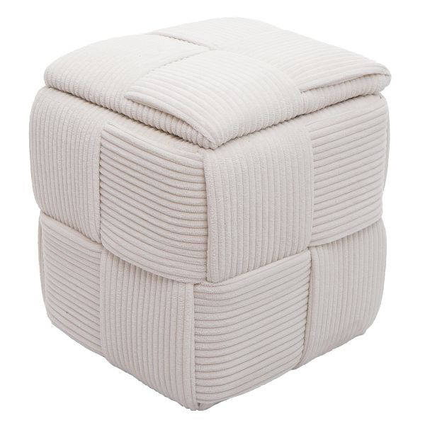 Mendler Hocker HWC-Q47, Sitzhocker Ottomane Polsterhocker Pouf, Deckel Staufach Stoff Cord (260g/m²) 43x40x40cm, creme, 122936