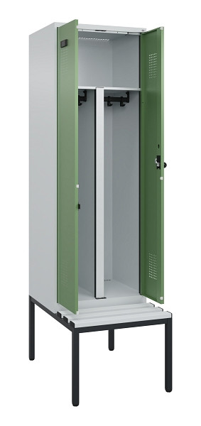 C+P PSA Doppel-Spind Evolo PLUS, Bank, 2 Abteile, 2120x600x815mm, 7035/6011, Drehriegel, Sitzfläche Kunststoff, Sitzbank, 0490527-20P S10064