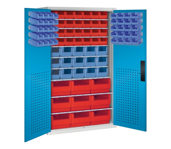 C+P Magazinschrank Serie 13, H1950xB1100xT535mm, 7035/5012, 92 Sichtlagerkästen, 130276-65 S10106