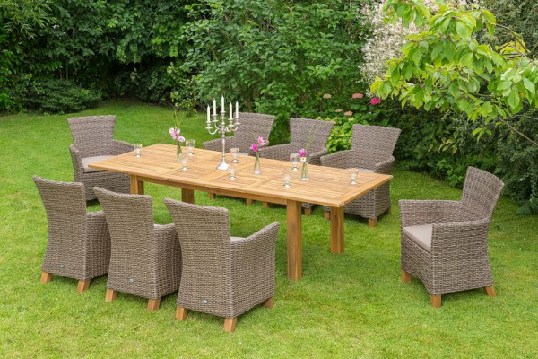 Merxx Toskana Set 17-teilig, 8 Toskana Sessel, inkl. Auflagen, Beine aus Akazienholz, 1 Doppelausziehtisch 180 (220/260) x 100 cm, 50417-211