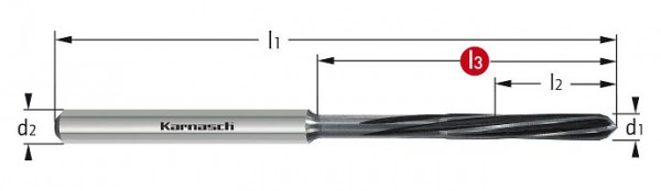 Karnasch VHM-Micro-Präzisionsreibahle HPC d= 2,97+0,004/L3=35 /Z=6 Schaft HA linksspirale, rechtsschneidend, 2214520297