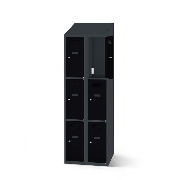 Rotstahl Fächerschrank, 6 Fächer, kurzer Sockel, mit Ladefunktion, Schrägdach, Korpus: anthrazitgrau, Türen: tiefschwarz, 2180-020300-0601112-7016-9005
