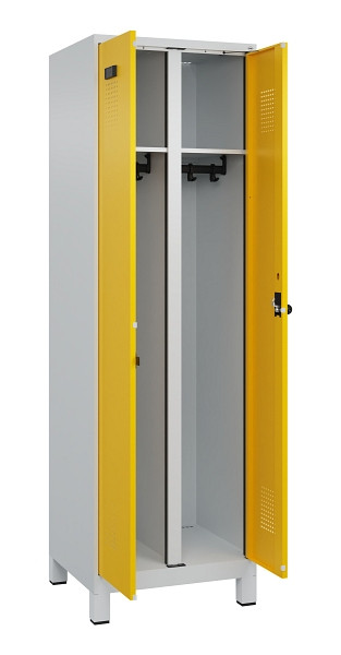 C+P Schwarz-Weiß-Spind Evolo PLUS, mit Füßen, 2 Abteile, 1950x600x500mm, 7035/1, Frontfarbe RAL 1023 Verkehrsgelb, Drehriegel, 049012-20 S10001