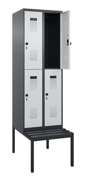 C+P Doppelstock-Spind Evolo PLUS, Bank, 4 Fächer, 2120x600x815mm, 7016/7035, Drehriegel, Sitzfläche Kunststoff, Sitzbank, 0493507-20 S10098