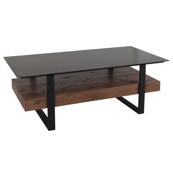 Mendler Couchtisch HWC-L88, Wohnzimmertisch Tisch, Ablage Eisen 43x120x60cm Sinterstein Marmor-Optik schwarz Holz dunkelbraun, 102698