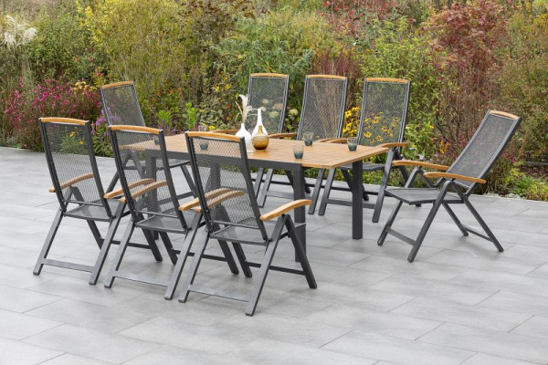 Merxx Tilos Set 9-teilig, 8 Tilos Klappsessel, 1 Tilos Ausziehtisch, 150 (200) x 90 cm, Aluminium mit FSC Akazienholz, 50209-217