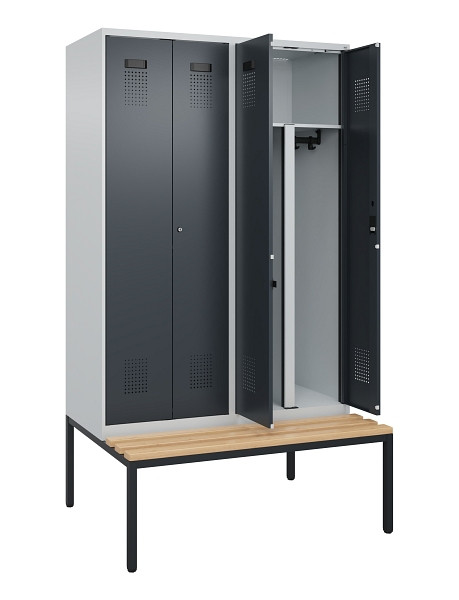 C+P PSA Doppel-Spind Evolo PLUS, Bank, 4 Abteile, 2120x1200x815mm, 7035/7016, Zylinderschloss, Sitzfläche Buche-Hartholz, Sitzbank, 0490527-40P S10039