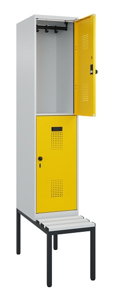 C+P Doppelstock-Spind Evolo PLUS, Bank, 2 Fächer, 2120x400x815mm, 7035/1023, Drehriegel, Sitzfläche Kunststoff, Sitzbank, 0493507-12 S10082