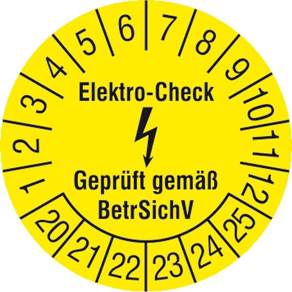 SafetyMarking Prüfplakette, Elektro-Check - Geprüft gemäß BetrSichV, Prüfzeitraum: 20-25, Ø 3 cm, Folie, selbstklebend, VE: 15 Stück/Bogen, 30.C3100-20-25