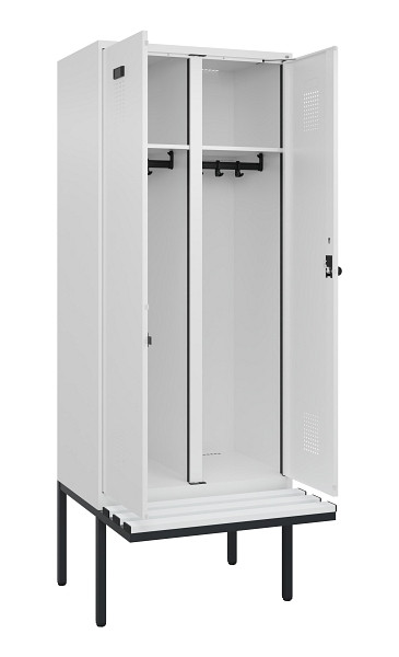 C+P Schwarz-Weiß-Spind Evolo PLUS, Bank, 2 Abteile, 2120x800x815mm, 9016/9016, Drehriegel, Material Sitzfläche Kunststoff, 0490427-22 S10074