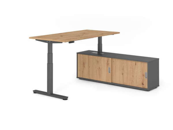 Hammerbacher Schreibtisch XDSM16, 160x80cm, Platte: Asteiche, T-Fuß Gestell Graphit, Höhe: 63 - 127 cm, Graphit / Asteiche, VXDSM16SB/R/G/G/R
