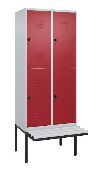 C+P Doppelstöckiger Spind Classic PLUS, 2 Abteile, 2120x800x815mm, 7035/3003, Drehriegel, mit Untergestell und schwebender Sitzfläche, 0803407-22 S10106