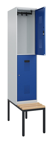 C+P Doppelstock-Spind Evolo PLUS, Bank, 2 Fächer, 2120x400x815mm, 7035/5010, Zylinderschloss, Sitzfläche Buche-Hartholz, Sitzbank, 0493507-12 S10033