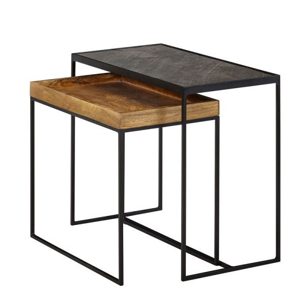 Wohnling Wohnzimmertisch 2er Set Mango Massivholz/Stein Beistelltisch Eckig, Design Beistelltisch Industrial, Sofatisch Couchtisch Rechteckig, WL6.636