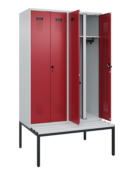 C+P Schwarz-Weiß-Spind Evolo PLUS, Bank, 4 Abteile, 2120x1200x815mm, 7035/3003, Drehriegel, Sitzfläche Kunststoff, Sitzbank, 0490527-40 S10058