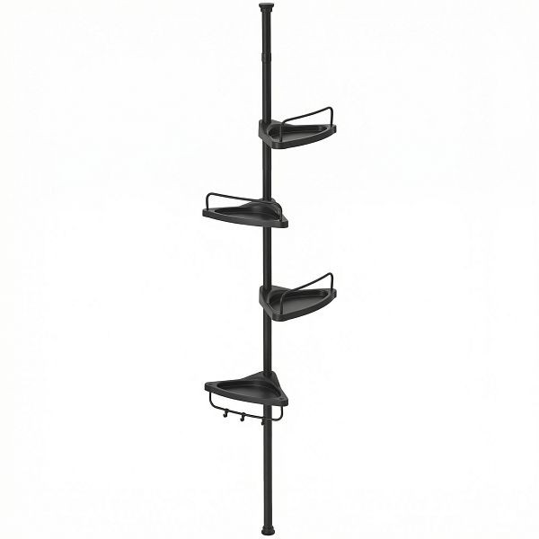 SONGMICS Verstellbares Eckregal im Badezimmer, teleskopischer Duschbehälter, 85-305 cm, von Boden bis Decke, mit 4 Tabletts, 3 Haken, schwarzer, BCB001B01