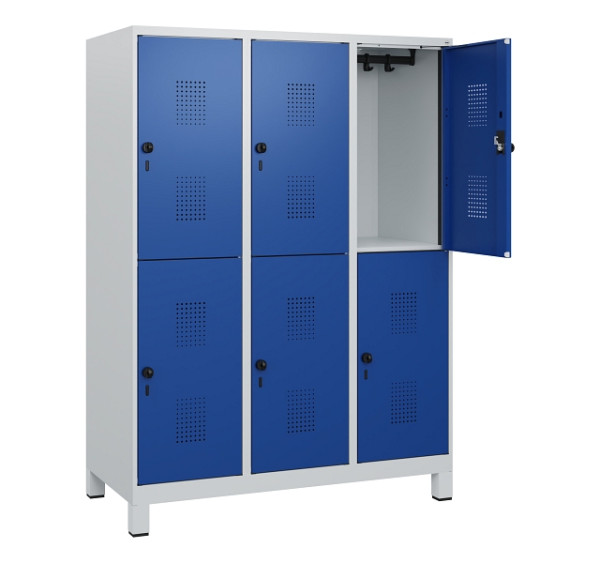 C+P Doppelstöckiger Spind Evolo PLUS, Füße, 6 Fächer, 1630x1200x500mm, 7035/5010, Drehriegel, 0493105-32 S10006