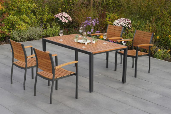 Merxx Santorin Set 5-teilig, 4 Stapelsessel, 1 Tisch 150 x 90 cm, Aluminium mit FSC Akazienholz, 50666-209