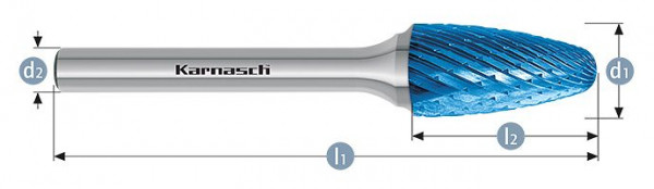 Karnasch Hartmetall-Frässtift Blue-Tec beschichtet RBF/ HP-1 d1=16 / l2=25 / d2=6 / l1=70mm, 115057065