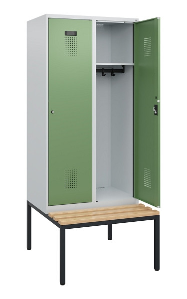 C+P Spind Evolo PLUS, 2 Abteile, 1950x800x815mm, 7035/6011, Zylinderschloss, Sitzfläche Buche-Hartholz, Sitzbank, 0490505-22 S10037