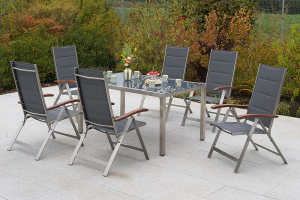 Merxx Ferrara Set 7-teilig, 6 Ferrara Klappsessel, gepadded, 1 Tisch 150 x 90 cm, graue Glasplatte, Edelstahlgestell mit Textilbespannung, 50373-309