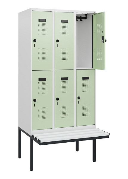 C+P Doppelstock-Spind Evolo PLUS, Bank, 6 Fächer, 1950x900x815mm, 9016/6019, Drehriegel, Sitzfläche Kunststoff, 0493405-30 S10118