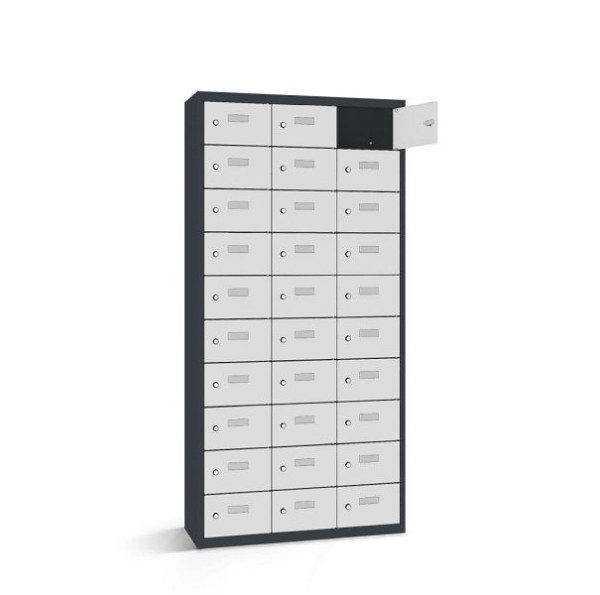 Rotstahl Wertfachschrank, 30 Fächer, Tür einwandig, kurzer Sockel, Korpus: anthrazitgrau, Türen: lichtgrau, 2161-031000-1181112-7016-7035