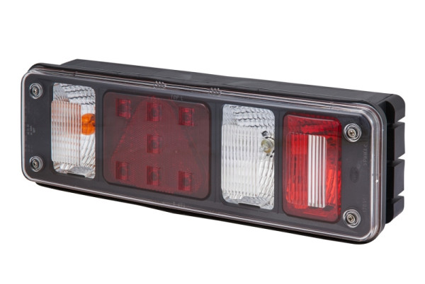 HELLA Heckleuchte, Hybrid, 24V, Anbau/geschraubt, Lichtscheibenfarbe: glasklar, Superseal 4 x 2/DIN-Bajonett 1 x 7, Male, links, 2VP 340 961-411