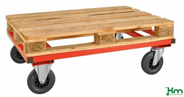 Kongamek Palettenwagen, 2 Bock- und 2 Lenkrollen aus Vollgummi mit Bremsen, Rot, 1200 x 800 x 305 mm, KM217B