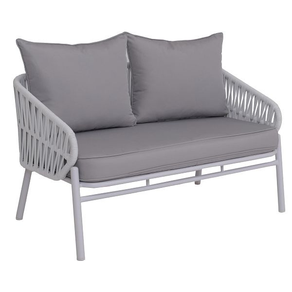 Mendler Aluminium-Gartenbank HWC-P90, Gartensofa Outdoor Sitzbank, Seilgeflecht Rope Stoff/Textil (180g/m²), hellgrau, 120221