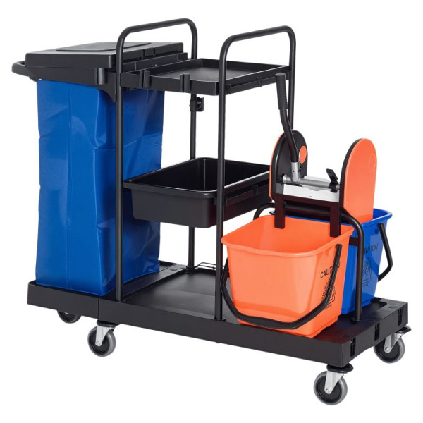 HOMCOM Putzwagen Reinigungswagen Wischwagen Systemwagen mit 4 leichtgängigen Rollen Schwarz+Blau+Orange 111 × 63,3 × 103 cm, 720-008