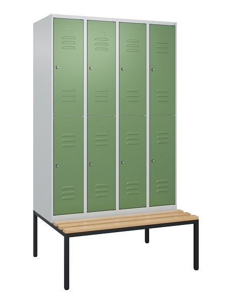 C+P Doppelstöckiger Spind Classic PLUS, 4 Abteile, 2120x1200x815mm, 7035/6011, Zylinderschlösser, Buche-Sitzleisten, Sitzbank, 0803507-40 S10096