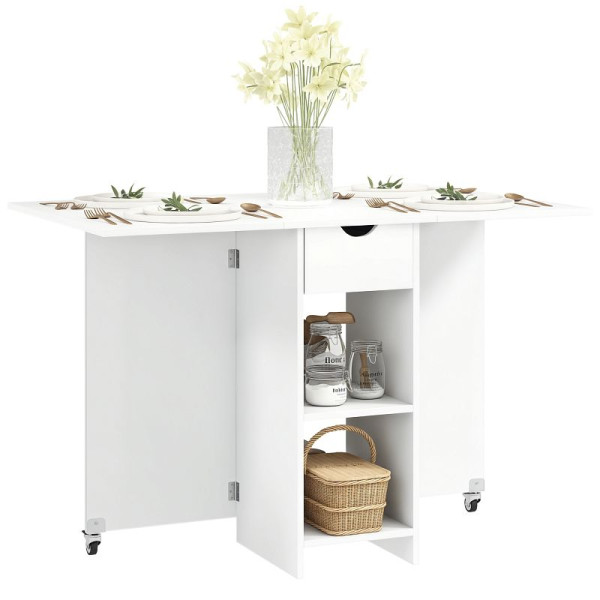HOMCOM Klappbarer Esstisch für 2-4 Personen, faltbarer Küchentisch mit Stauraum, Ausziehbarer Tisch auf Rädern, Weiß, 83A-201V90WT