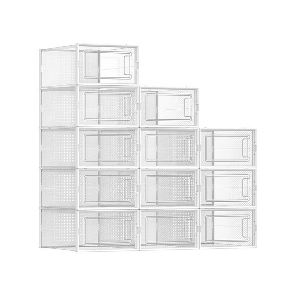 SONGMICS Schuhkartons, Packung mit 12 stapelbaren Schuhaufbewahrungsorganisateuren, passt bis zur UK-Größe 10,5, transparent und weiß, LSP12SWT